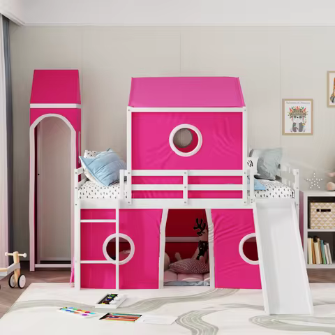 Full Size Loft Bed with Slide Pink Tent and Tower - Pink
