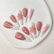 10pcs Long Almond-Shaped Nails Y2K French Style & Versatile 3d Pearl Flower Powder And 3D Water Drop