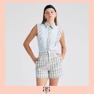 [asv aw24] Erika Sleeveless Shirt เสื้อเชิ้ตผู้หญิง แขนกุด แต่งตัดต่อผ้าทวีต