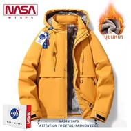 แจ็คเก็ตหนังหนาสำหรับผู้ชาย NASA WTAPS2025 ฤดูใบไม้ร่วง/ฤดูหนาว แจ็คเก็ตขนแกะหนา แจ็คเก็ตแบบมีฮู้ด แ