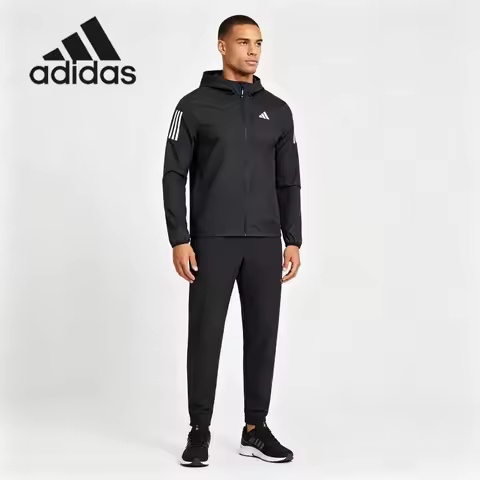 Simple Black Adidas Wind Tracksuit Water Repellent Zip Hood Coat Tapered Joggers All Weather Sport W