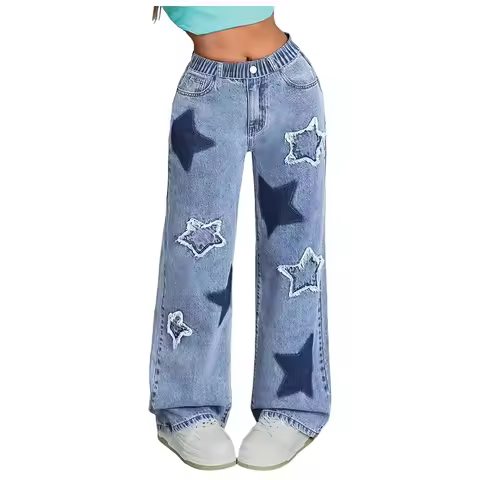 Teen Girls Straight Leg Denim Pants Y2K Star Patched Jeans Children Korean Style Trousers Streetwear