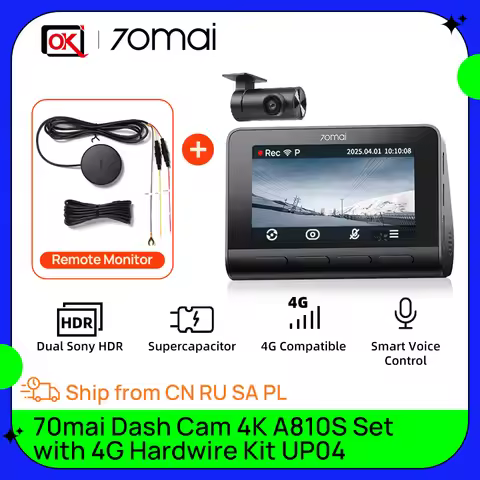 70mai Global Cam A810S-2 Set With 4G Hardwire Kit UP04 Ultra HD 4K AI Motion Detection Car DVR And R