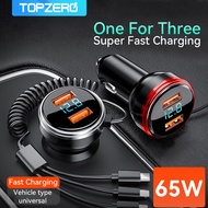 TOPZERO 65W Car Charger 12v 24v Fast charger With 3 in 1 USB Cable PD QC 3.0 Quick Car Charger in The Car For Mobile Phone Tablet Other Charging Equipment