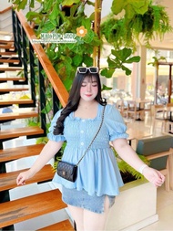 เสื้อคอเหลี่ยมแขนตุ๊กตา เย็บสม๊อค รอบอก ยืดได้ถึง60นิ้ว ไซส์ใหญ่ สำหรับสาวอวบอ้วน