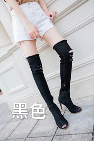 Women High Heels Boots Hollow Out Pointed Toe Over Knee Blue Denim Gladiator Boots Long High Heel Je