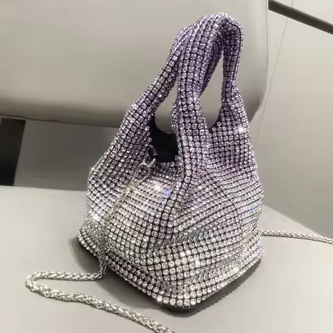 Gradient Color Full Diamond Bucket Bag for Women 2023 New Diamond Bucket Bag Rhinestone Chain Bag Ha