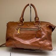 PRADA 三角正標 復古油蠟皮金棕波士頓公事包