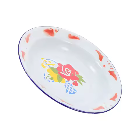 Enamelware Plate Chinese Style Flower Pattern Food Serving Plate Vintage Snack Dish Fruit Cake Candy