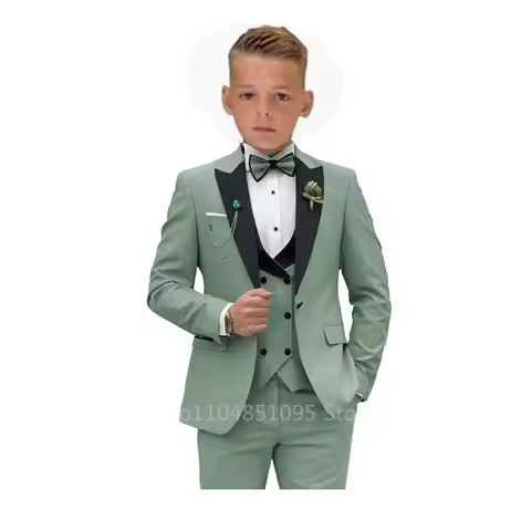 Matcha Green Boys Suit 3 Piece Suit Peak Lapel Jacket Pants Vest Wedding Kids Tuxedo Formal Style Pa
