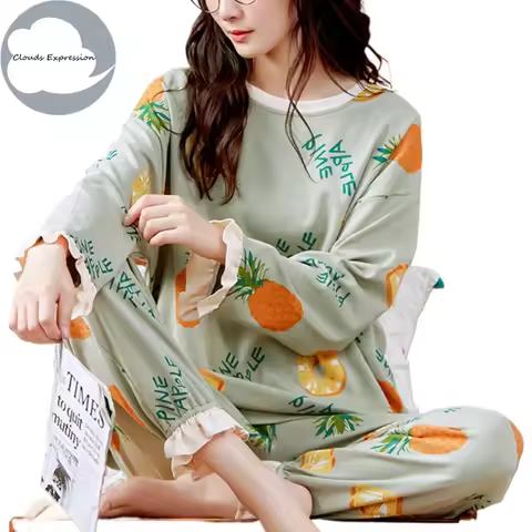 Spirng Autumn Girls Pajama Sets Cartoon Bear Knitted PJS Polka Dots Sleepwear Women's Pajamas Lounge