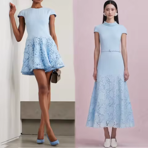 Elegant Hebe Style Dress Luxury Lace Splicing Slim Fit Waist Cinching Hollow out Design High-End Cus