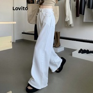 Lovito กางเกงยีนแบบปลายรุ่ย แต่งกระดุม มีกระเป๋า สีพื้น สไตล์ลำลอง สำหรับผู้หญิง LNE13105 (หลากสี)