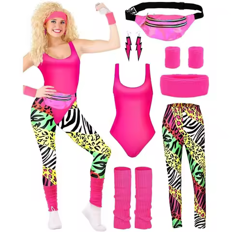 1980s Retro Disco Costume Set Women 7 Piece Leotard Leggings 80s Theme Party Outfit