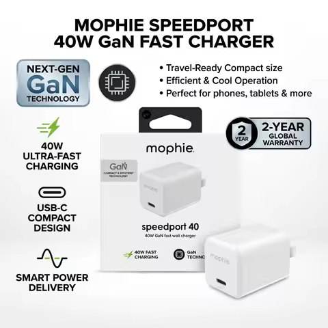 Mophie Speedport 40 GaN Charger 40W 45W PD Fast USB‑C Power Adapter Foldable Plug Travel Wall Charge