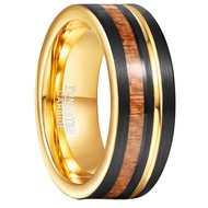 BONLAVIE 8mm Gold Tungsten Carbide Ring Grooved With Koa Wood Inlay High Polished Domed Edge Mens We