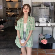 Summer Check Blazer Women Korea Style Short Sleeve Thin Jacket Women Short Sleeve Suit Jacket Blue White Pink