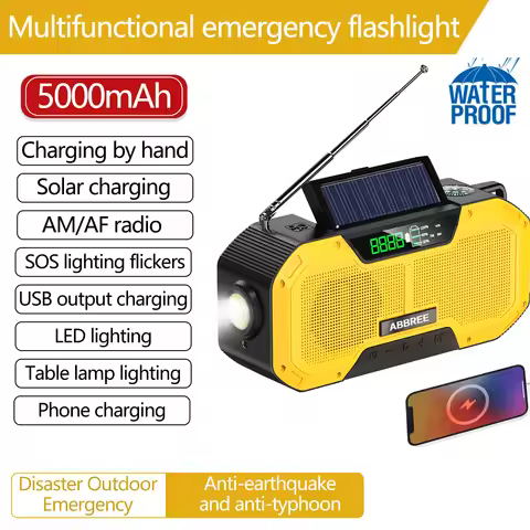 ABBREE Waterproof Emergency Radio Auto Scan AM/FM Charge by Solar Power Hand Crank USB charger Power