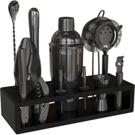 Highball & Chaser 13-Piece Cobbler Cocktail Shaker Set: Black Polished Stainless Steel Bartender Kit