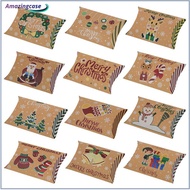 AMAZ 60pcs Christmas Pillow Boxes 12 Patterns Christmas Kraft Paper Gift Boxes Gift Card Holders Christmas Party