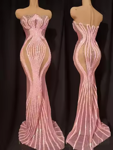 Luxury pink Sparkly squined Mermaid Dress strapless mesh see Transparent Birthday party outfit Celeb