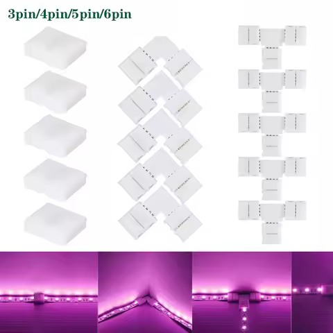 5pcs 10mm 12mm L Shape or T Shape No Soldering Easy Connector 3pin 4pin 5pin 6pin For 5050 3528 RGB 