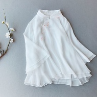 Áo Sơ Mi Nữ Áo Voan Kiểu Trung Quốc Cổ Đứng Thêu Hán Phục Tay Ba Phần Tư Áo Sơ Mi Trung Quốc Sợi Đôi