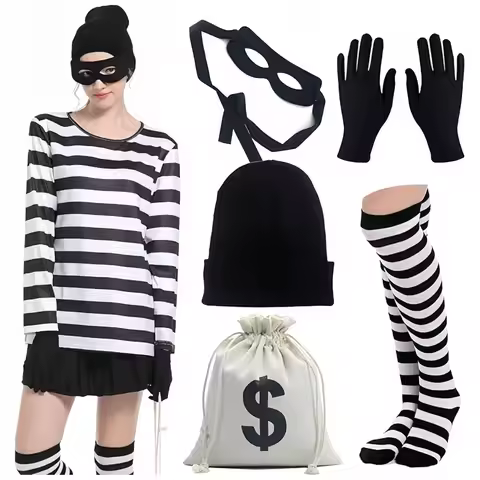 Convict Thief Cosplay Costume Women Stripe Top Stocking Knitted Hat Gloves Canvas Bag Eye Mask Priso