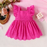 เด็กสาวฤดูร้อนคอเหลี่ยมแขนสั้นกระพือBurn-Outดอกไม้เย็บปักถักร้อยชุดน่ารัก