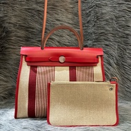 HERMES HERBAG ZIP 31 H078957ck 舞動H 草莓紅色 紅色 牛皮 卡其色 帆布 銀釦 肩背包 手提包 斜背包