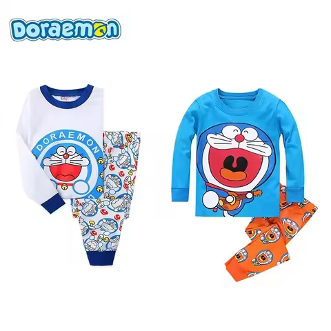 Doraemon Kids Boys Girls Pajamas Sets Cartoon Casual Long Sleeve Kawaii T-Shirt Tops with Pants Todd