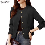 ZANZEA Women Korean Long Sleeve Round Neck Pocket Solid Color Blazer