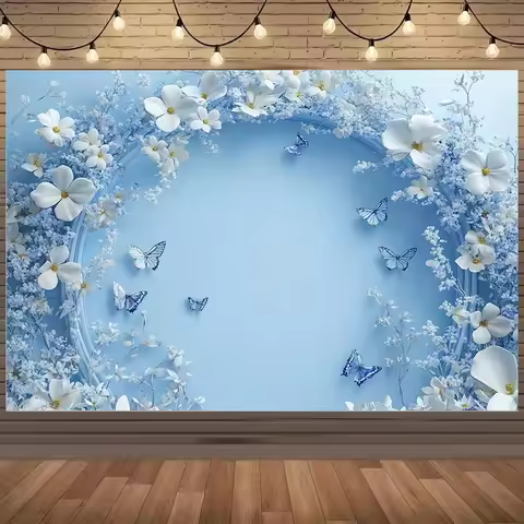 1 party banner Warm dreamy blue floral backdrop - take you into the world of butterflies and flowers