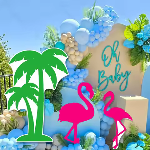 Pink Flamingo Cutout Mosaic Board Green Coconut Tree Hot Pink Flamigo Board for Summer Hawaii Birthd