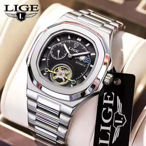 LIGE Dual Seconds Tourbillon Watch 24 Hour Mechanical Watch Men Stainless Steel Authentic Watch Nigh