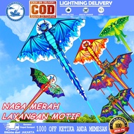 layangan naga  Naga Merah Layangan Motif  /layangan ram raman/ Rollan benang / Benang kenur 50m Layangan layang-layang hias naga 3D layangan hias pantai naga lipat layangan naga raja khas bali Panjang 2,6 meter