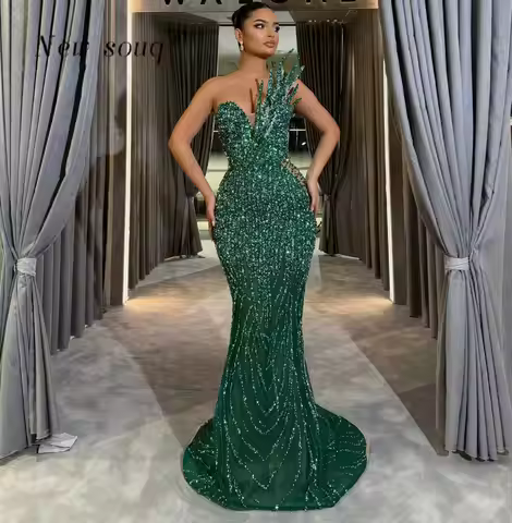 Emerald Green Asymmetrical Leaf Beaded Evening Dresses Customized Long Mermaid Prom Party Gowns Sequ