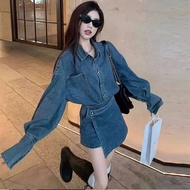 ชุดเกลือต้นฤดูใบไม้ร่วงผู้หญิงกางเกงยีนส์เสื้อ 2 ชิ้นชุดผ้าฝ้าย DENIM กระโปรงยาวถึงเข่า VINTAGE Hong