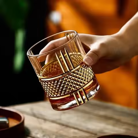 Gold lining Whiskey Glass, Old Fashioned Rocks Glasses Tumblers, Glassware for Cocktail Scotch, Bour