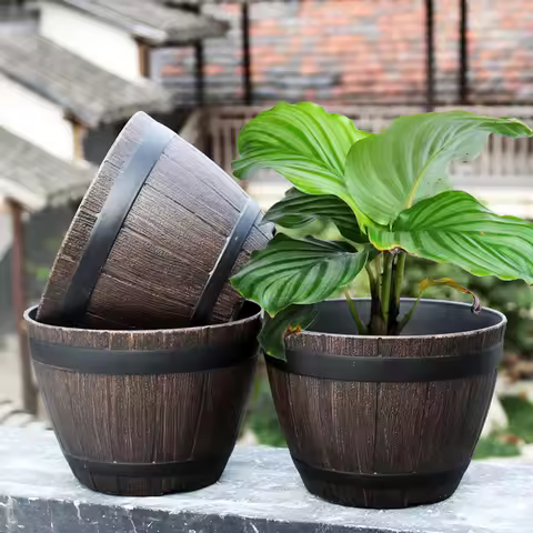 1PC 9/12inch Simulation Wood Barrels Resin Flower Pot Vintage Style Bucket Shape PlantpotHome Decora