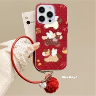 3D Fuzzy Ball Bell Red Lanyard Chain Case Compatible For iPhone 12 13 11 Pro Max 12 Pro 7 8 Plus XR 
