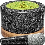 Heavy Duty Mortar and Pestle Set with Bamboo Base, Large 2 Cups, 100% Natural Granite Mortar and Pestle Large Stone Grinder Bowl, Molcajete Bowl, Masher Guacamole Bowls, Polished Black