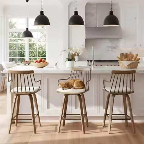 Swivel Counter Height Bar Stools Set Of 3, Beige Linen Upholstered Barstools With Back & Arm 26’’ Mo