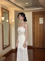 Elysia Dress เดรสเกาะอกซีทรูเอวลูกไม้ ดีเทลรูชเก็บทรงสวยมาก