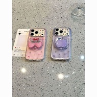 Phone Phone Case Suitable for iPhone 11 12 13 14 15 16 17 Pro max Plus Plaid Bow Puppy+Bracket Shock