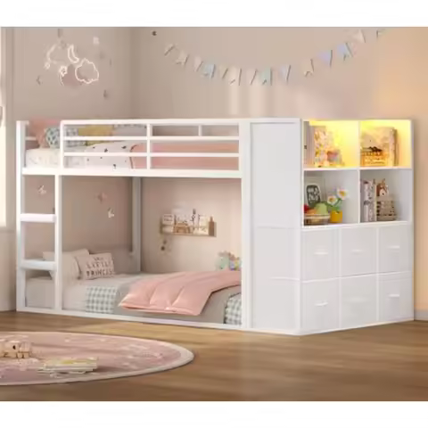 Low Twin Over Twin Bunk Bed with 6 Storage Drawers, LED Lights