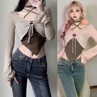 [F1] (Brown/Pink) Brown Spaghetti Strap Top Set With Collar Long-Sleeved Jacket With Front Zipper