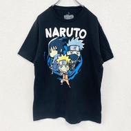 古著短袖動漫印花 T 卹，印有鳴人、佐助和卡卡西，黑色，復古設計，圓領，L 碼
