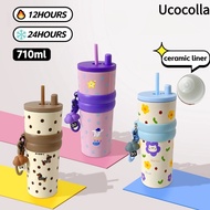 【Ucocolla】26oz Ceramic liner Stainless Steel Coffee Mug Hot and Cold with Straw Vacuum Flask Tumbler