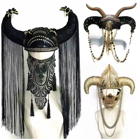 Halloween cosplay Horns Tassel exaggerated headdress DJ Catwalk show Punk Horn Armor cap Demon look 